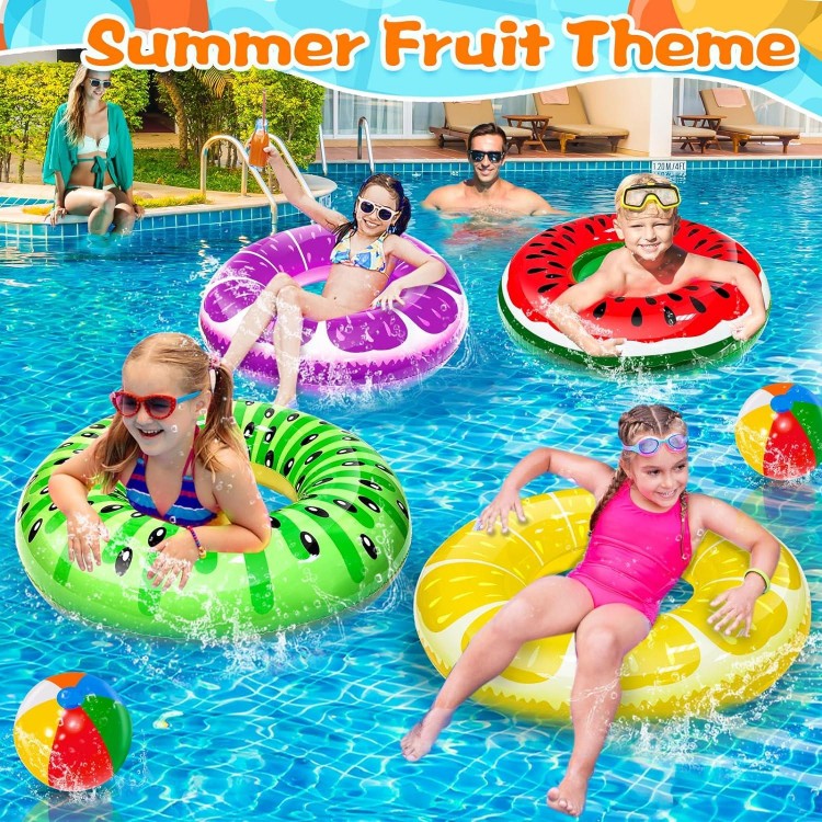 8 Pack Inflatable Pool Floats Toys for Kids, 4 Pcs Fruit Pool Swim Tubes Rings