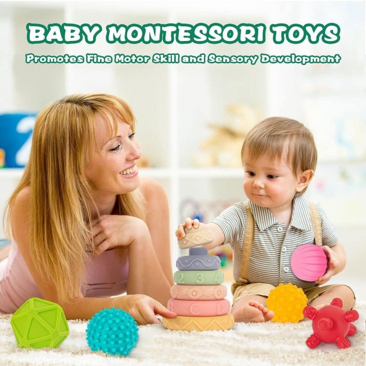 3 in 1 Montessori Toys for Babies 0-3-6-12 Months, Soft Baby Teething Toys