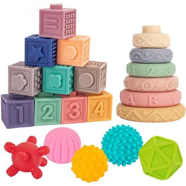 3 in 1 Montessori Toys for Babies 0-3-6-12 Months, Soft Baby Teething Toys