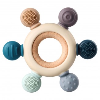 Baby Teething Toys, Silicone Chewable Teethers with Wooden Ring for Soothing Babies Gums