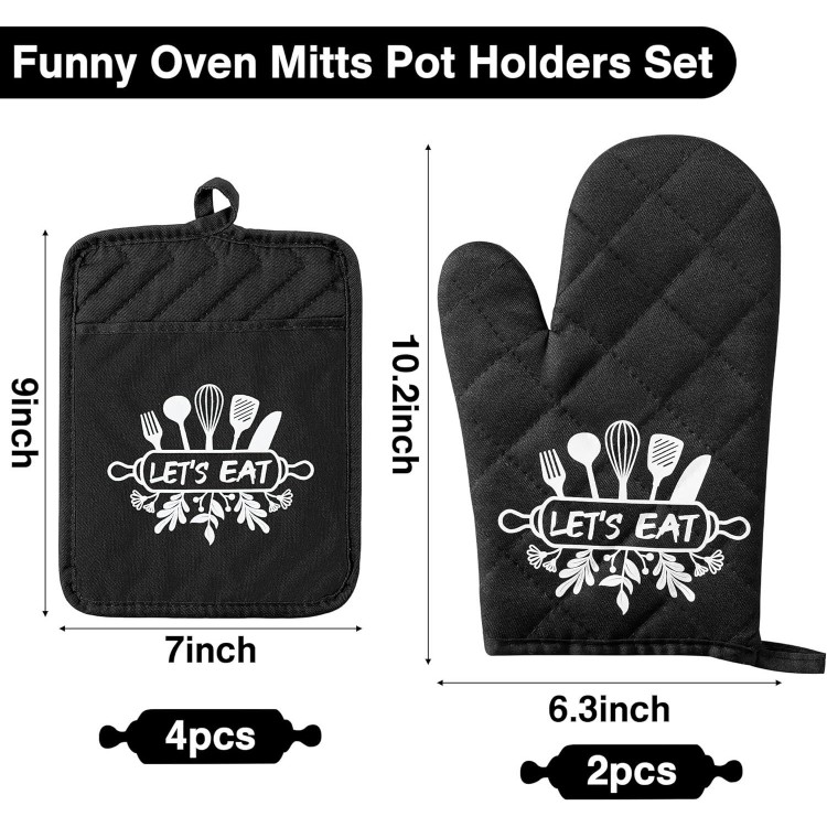 6Pcs Cotton Oven Mitts and Pot Holders Set Let’ Eat Heat Resistant Hot Pads