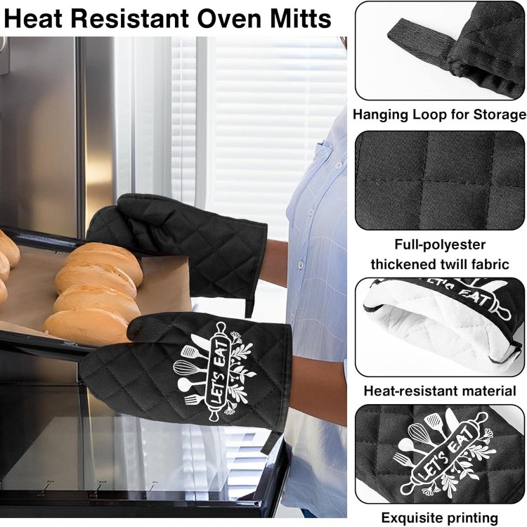 6Pcs Cotton Oven Mitts and Pot Holders Set Let’ Eat Heat Resistant Hot Pads
