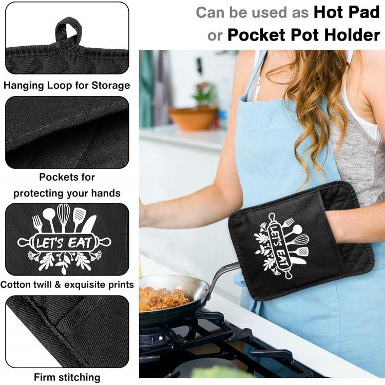 6Pcs Cotton Oven Mitts and Pot Holders Set Let’ Eat Heat Resistant Hot Pads