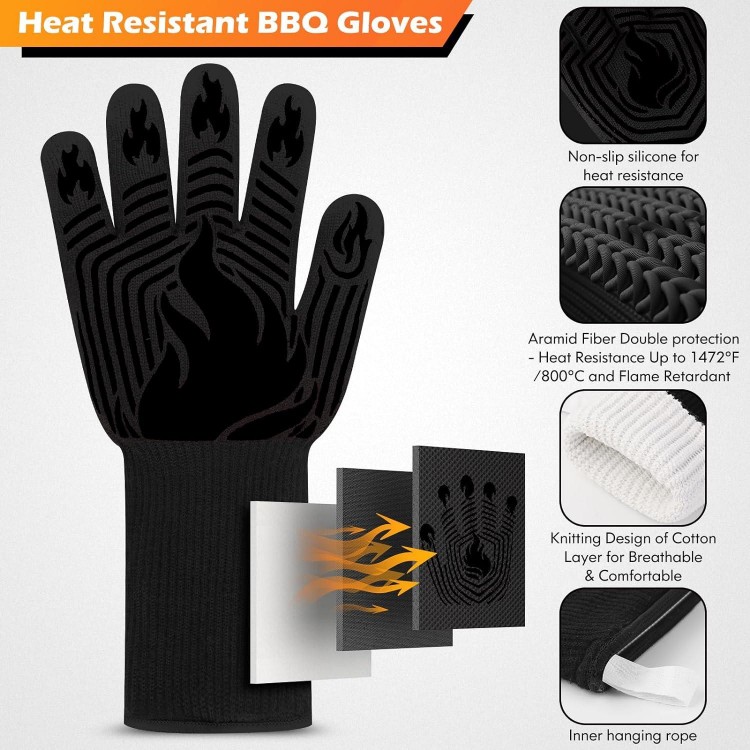 BBQ Gloves, 1472°F Heat Resistant Fireproof Mitts, Silicone Non-Slip Washable Oven Kitchen Gloves