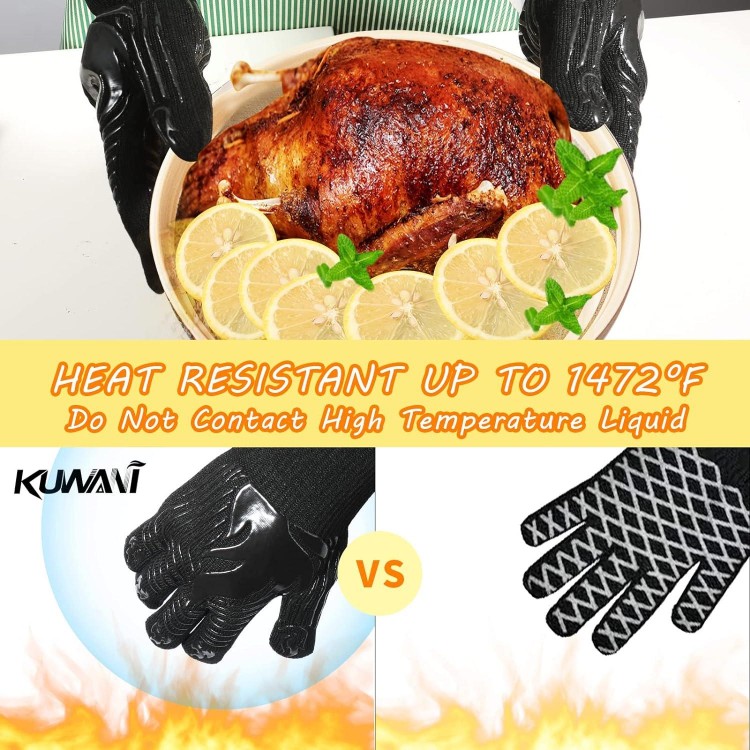 BBQ Gloves, 1472°F Heat Resistant Fireproof Mitts, Silicone Non-Slip Washable Oven Kitchen Gloves