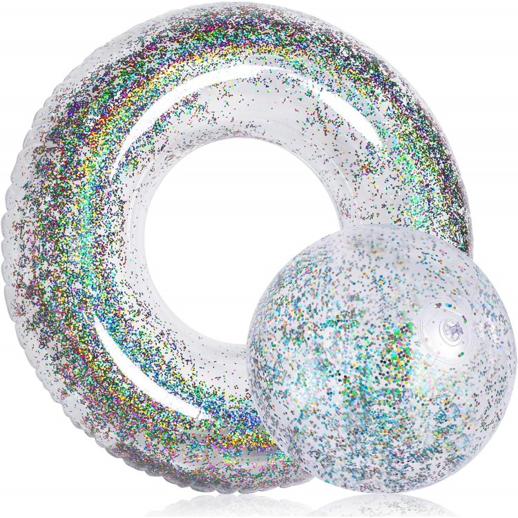 40 Inch Inflatable Glitter Pool Float Tube with Ball, Glitter Beach Swimming Ring