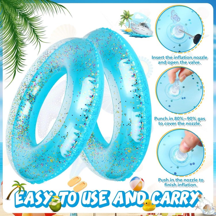 2 Pack Swim Rings with Glitter Inflatable Pool Float Tube