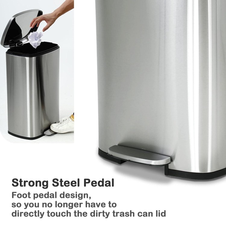 50 Liter / 13 Gallon Kitchen Trash Can, Stainless Steel with Lid, Foot Pedal and Inner Bucket