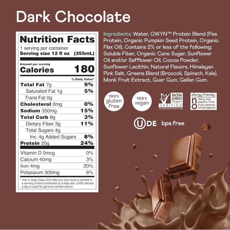 OWYN, Vegan Protein Shake, Dark Chocolate,12 Fl Oz (Pack of 12), 100-Percent Plant-Based