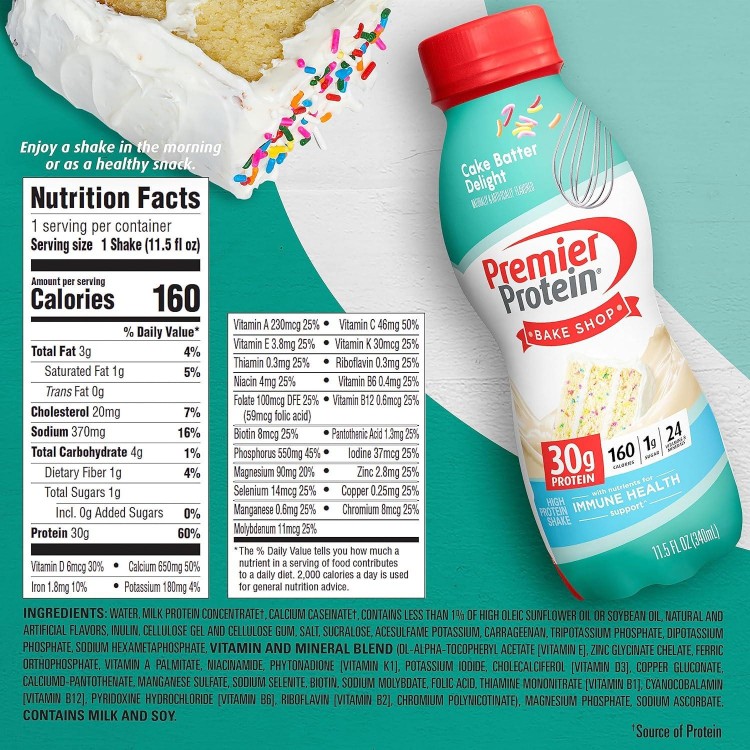 Premier Protein Shake, Cake Batter, 30g Protein, 1g Sugar, 24 Vitamins & Minerals