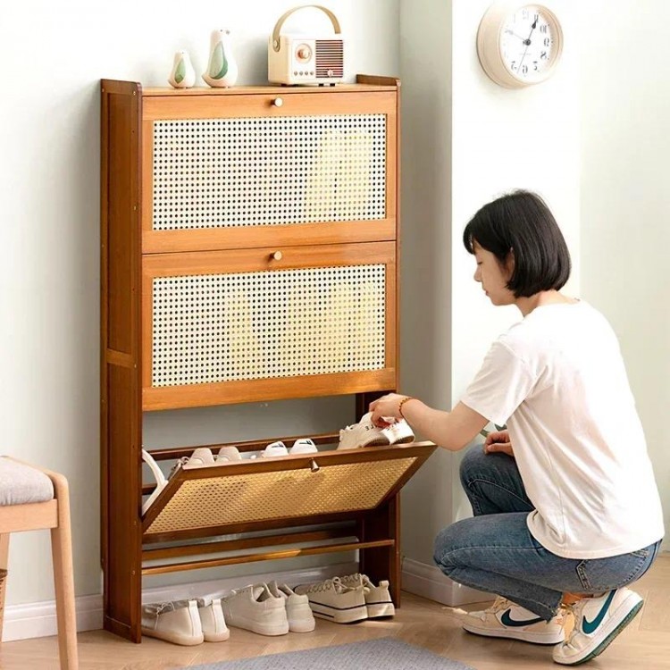 Japanese Rattan Woven Ultra Thin Shoe Cabinet Rack Organizer Large Capacity Bamboo Hallway Living Room Sapateira Home Furniture