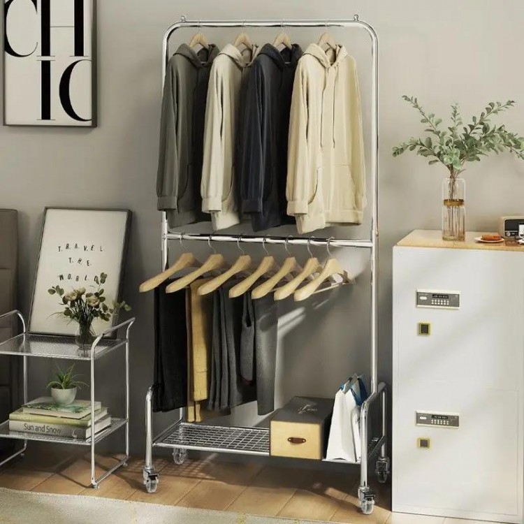 Simple Modern Clothes Rack For Bedroom Double Layer Storage Hanger With Wheels Bag Clothes Pants Shelf Wardrobe Home Furniture
