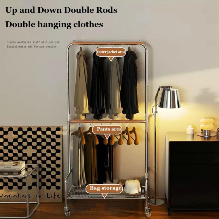 Simple Modern Clothes Rack For Bedroom Double Layer Storage Hanger With Wheels Bag Clothes Pants Shelf Wardrobe Home Furniture