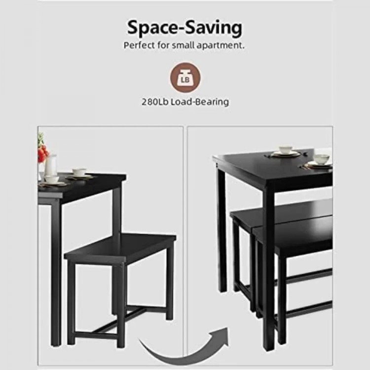 Dining Room Table Set,Kitchen Tables Set with 2 Benches,Breakfast of 47.2x28.7x28.7 inches,Benches of 41.3x11.8x17.7inches,Black