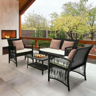 4 Piece Outdoor Patio Furniture Sets, With Cushion Glass Table, For  Porch Deck, Gray/Black Rattan Sofa Chair with Cushion