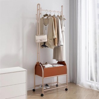 Light Luxury Movable Clothes Rack With Wheels Home Wardrobe Furniture Leather Storage Basket Coat Hanger for Bedroom Dormitory
