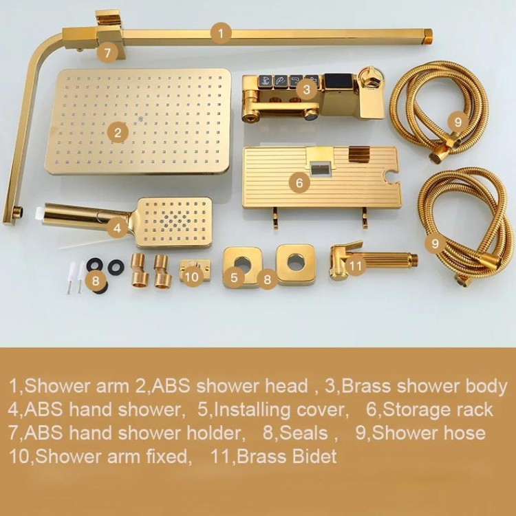 Hot and Cold Gold Digital Bathroom Shower System Set Quality Brass Bathtub Mixer Faucets Smart Thermostatic Gold Shower Set