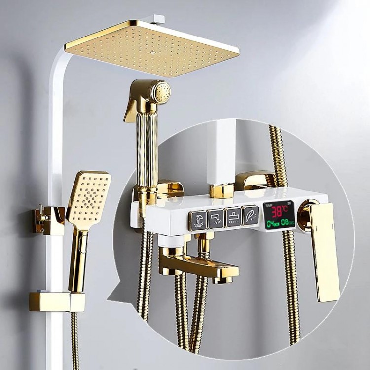 Hot and Cold Gold Digital Bathroom Shower System Set Quality Brass Bathtub Mixer Faucets Smart Thermostatic Gold Shower Set