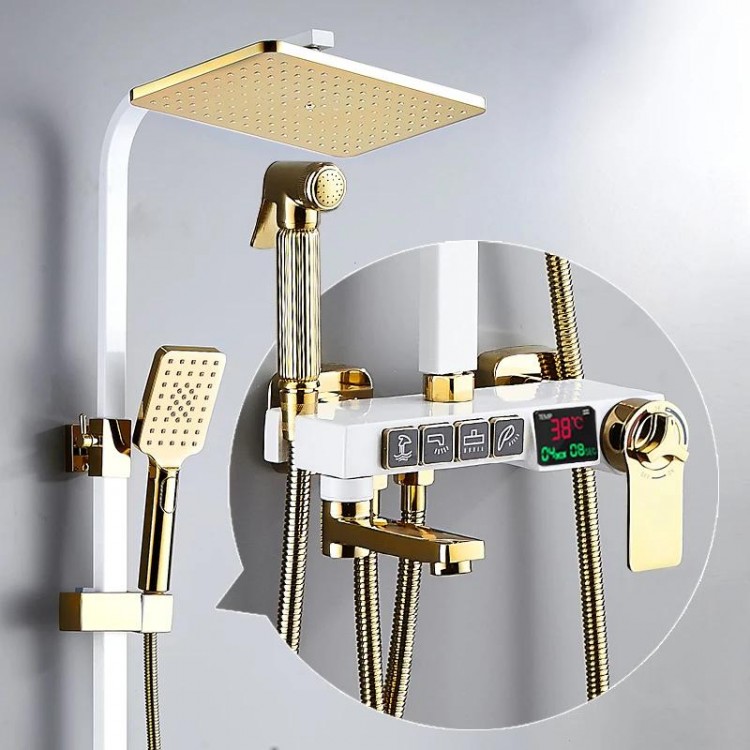 Hot and Cold Gold Digital Bathroom Shower System Set Quality Brass Bathtub Mixer Faucets Smart Thermostatic Gold Shower Set