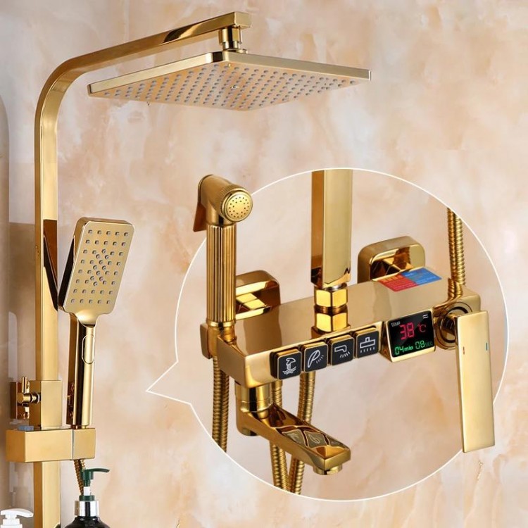 Hot and Cold Gold Digital Bathroom Shower System Set Quality Brass Bathtub Mixer Faucets Smart Thermostatic Gold Shower Set