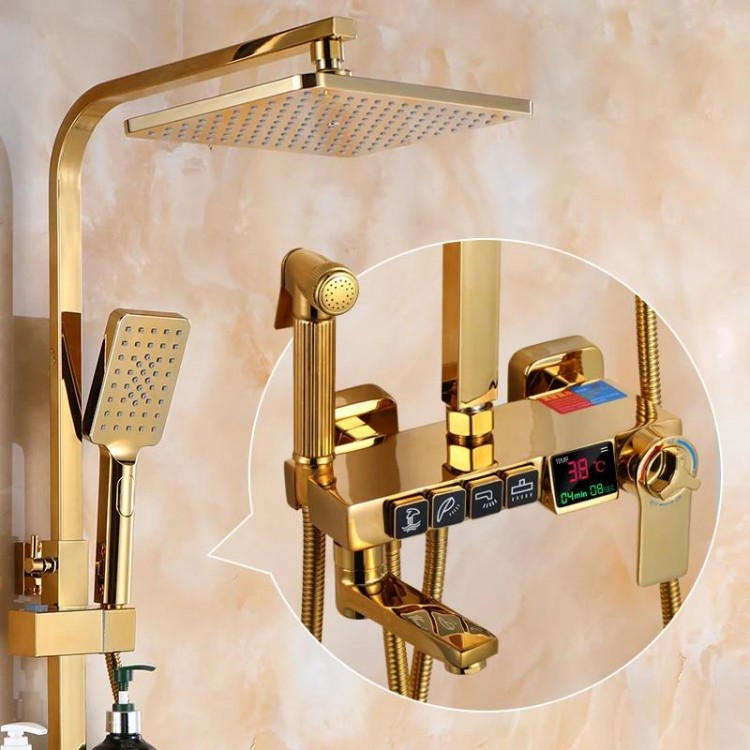 Hot and Cold Gold Digital Bathroom Shower System Set Quality Brass Bathtub Mixer Faucets Smart Thermostatic Gold Shower Set