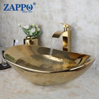ZAPPO Luxury Large Gold Vessel Sink Ceramic Bathroom Sink Above Counter Washing Sink Faucet Combo with Faucets Drain Basin Sinks