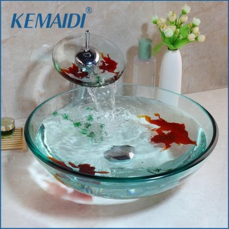 KEMAIDI Tempered Glass Bathroom Basin Sink Faucet Combo Glass Basin Vanity Vessel Sink Bowl w/Waterfall Faucet Kit Sink Vanity