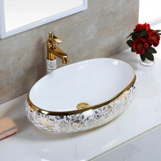 Flower Design Art Ceramic Bathroom Sink Set Above Counter Washbasin Sink Countertop Sink Golden Bath Vessel Sink Shampoo Sink