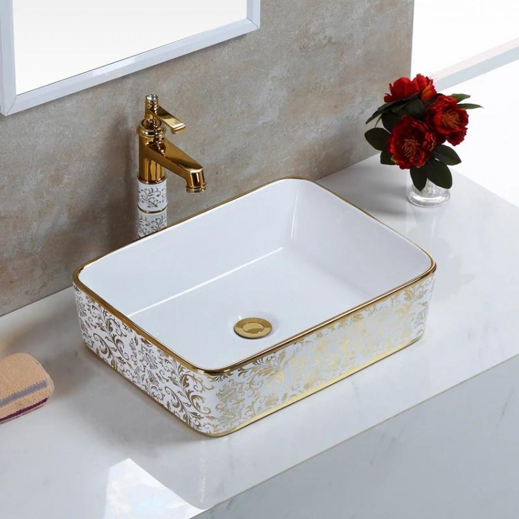 Flower Design Art Ceramic Bathroom Sink Set Above Counter Washbasin Sink Countertop Sink Golden Bath Vessel Sink Shampoo Sink