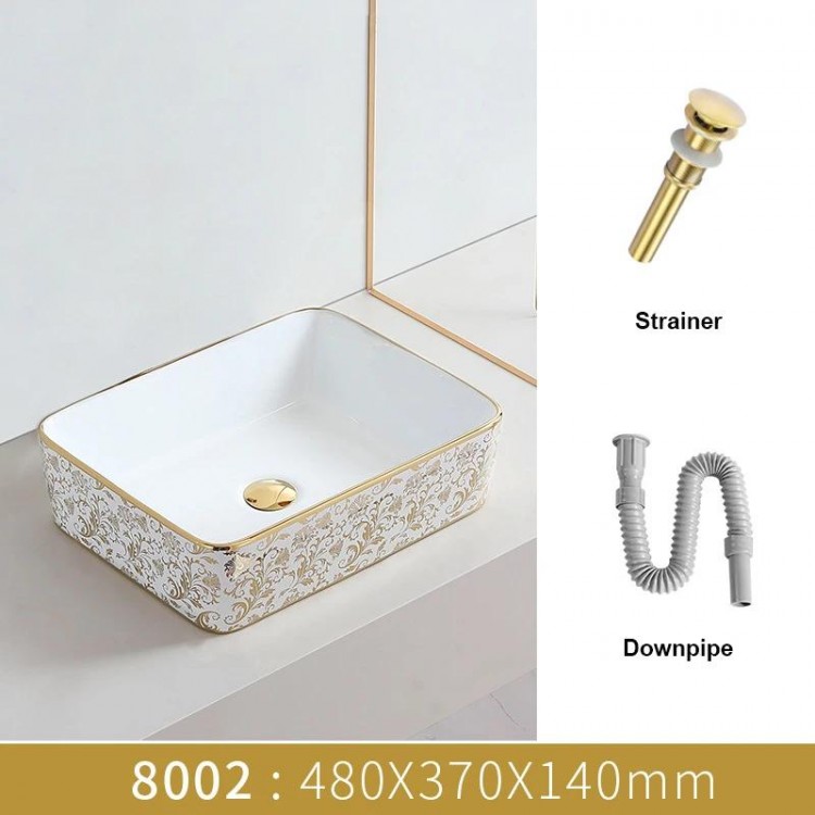 Flower Design Art Ceramic Bathroom Sink Set Above Counter Washbasin Sink Countertop Sink Golden Bath Vessel Sink Shampoo Sink