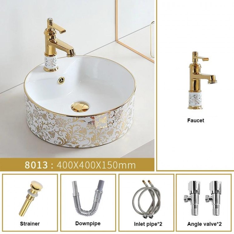 Flower Design Art Ceramic Bathroom Sink Set Above Counter Washbasin Sink Countertop Sink Golden Bath Vessel Sink Shampoo Sink