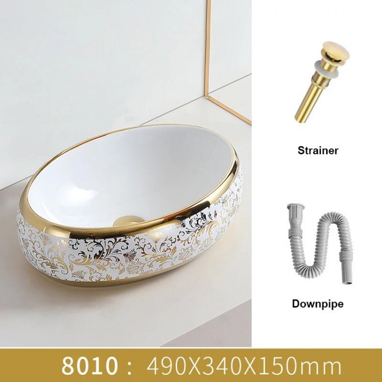 Flower Design Art Ceramic Bathroom Sink Set Above Counter Washbasin Sink Countertop Sink Golden Bath Vessel Sink Shampoo Sink