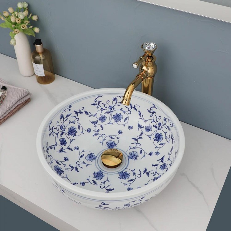 ZAPPO Bathroom Basin Sink Faucet Combo Ceramic Round Wash Basin Bathroom Washbasin Hand Painted Vessel Sink bathroom sinks