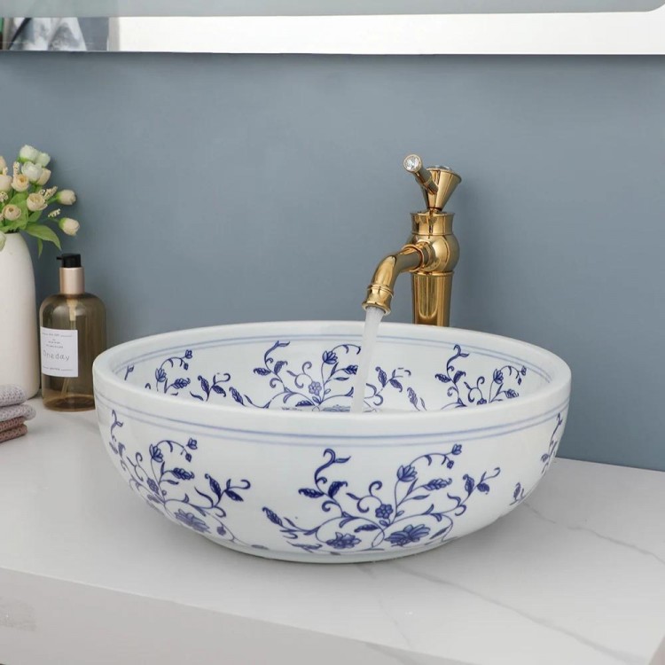 ZAPPO Bathroom Basin Sink Faucet Combo Ceramic Round Wash Basin Bathroom Washbasin Hand Painted Vessel Sink bathroom sinks