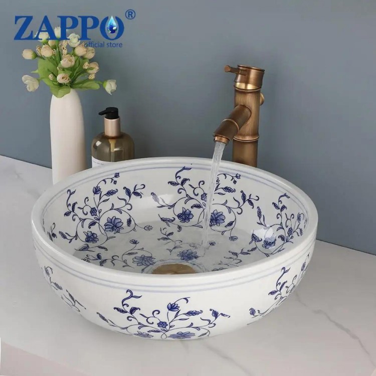 ZAPPO Bathroom Basin Sink Faucet Combo Ceramic Round Wash Basin Bathroom Washbasin Hand Painted Vessel Sink bathroom sinks