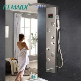 KEMAIDI Black Shower Column W/ Temperature Digital Display LED Shower Panel Body Massage Jets System Wall Mount Rainfall Shower