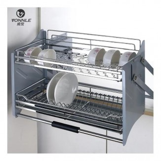 Newly popular adjustable pull-down storage basket installed in kitchen cabinets with buffered storage basket