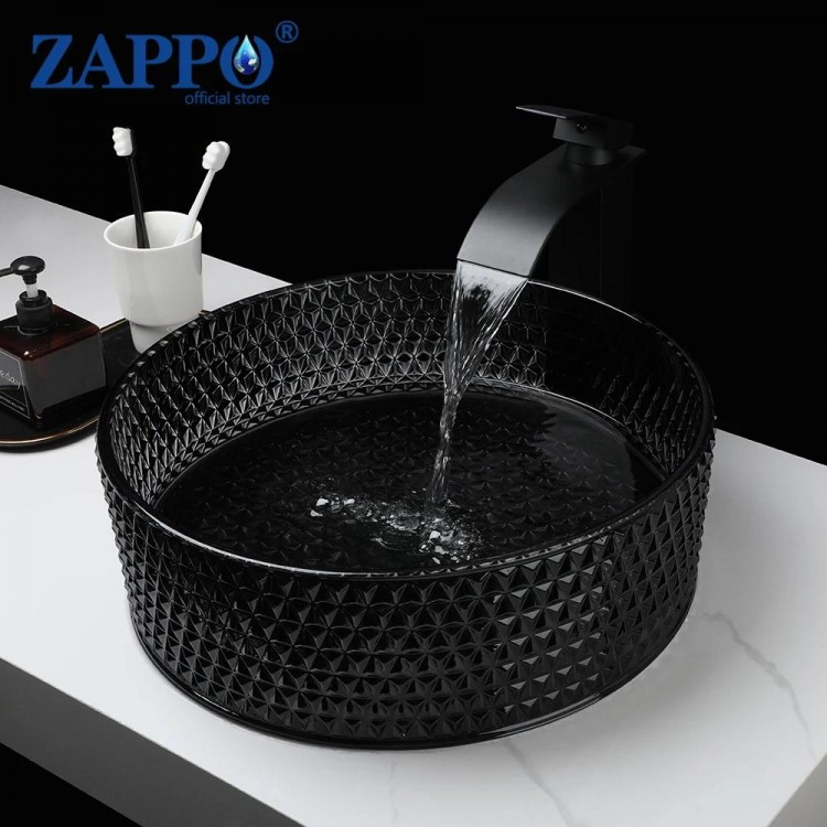ZAPPO Black Bathroom Vessel Sink Crystal Glass Vessel Sink Faucet Tap Combo Countertop Sink for Bathroom Hotel Deck Mount Sinks