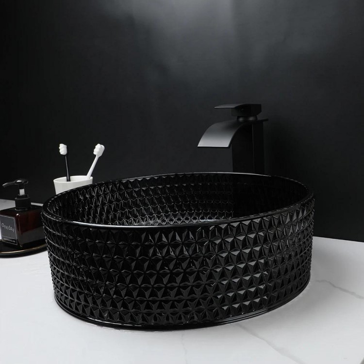 ZAPPO Black Bathroom Vessel Sink Crystal Glass Vessel Sink Faucet Tap Combo Countertop Sink for Bathroom Hotel Deck Mount Sinks