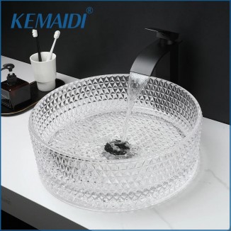 KEMAIDI Tempered Glass Vessel Sink Bathroom Round Vanity Wash Sink Above Counter Deck Mounted Basin Sink with Faucet Mixer
