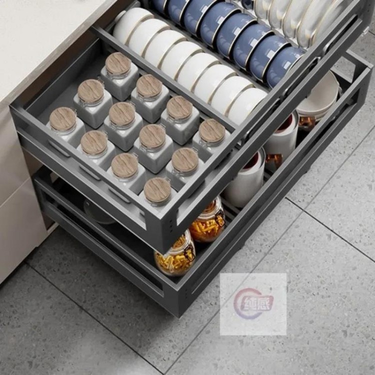 Home 304 stainless steel kitchen pull basket drawer type damped double layer seasoning cabinet storage drain dish rack