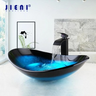 JIENI Blue Tempered Glass Hand Painted Waterfall Spout Basin Black Tap Bathroom Sink Washbasin Bath Brass Set Faucet Mixer Taps