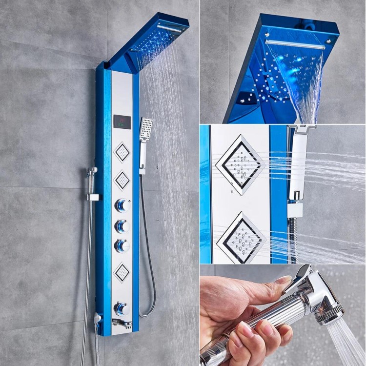 Bath Shower Faucet LED Temperature Digital Display Shower Panel Body Massage System Jets Tower Shower Column Faucet Wall Mounted