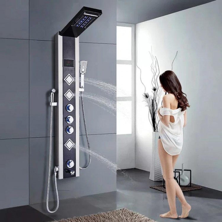 Bath Shower Faucet LED Temperature Digital Display Shower Panel Body Massage System Jets Tower Shower Column Faucet Wall Mounted