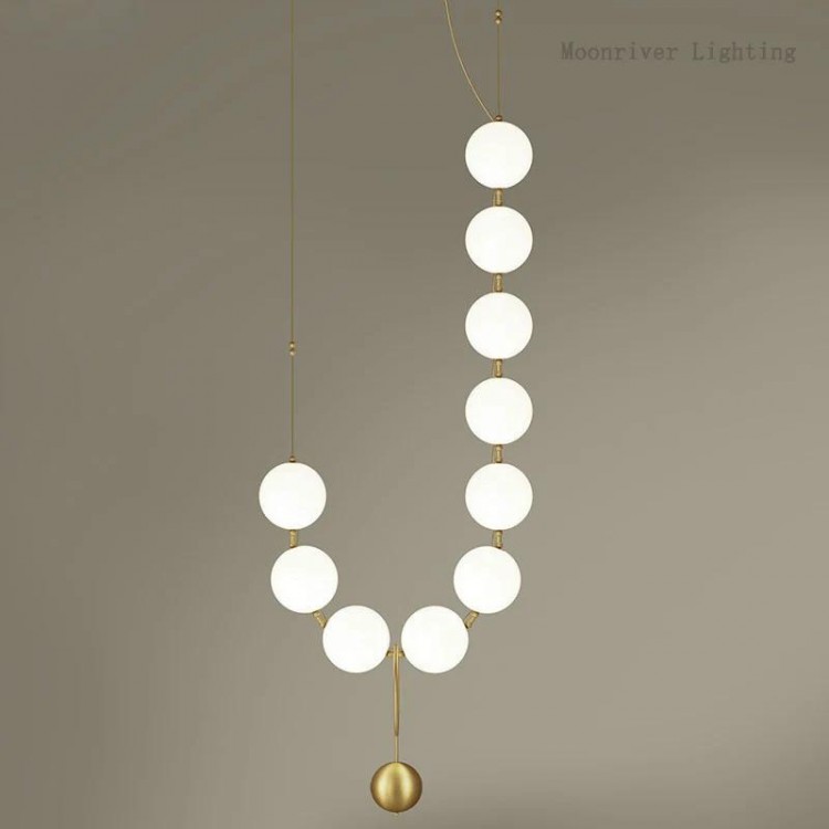Moonriver Lighting 2023 Europe Luxury Necklace Shape Pendant Light Magic Bean Chandelier White Glass Ball Hanging Lamp for Home