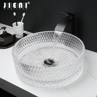 JIENI Transparent Thick Glass Basin Set Diamond Shaped Texture Bathroom Sink W/ Matte Black Faucet And Pop-up Drainage Mixer Tap