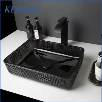 KEMAIDI Tempered Glass Bathroom Sink Black Transparent Wash Sinks Rectangle Vessel Sink Counter Top Basin Bowl with Faucet Tap