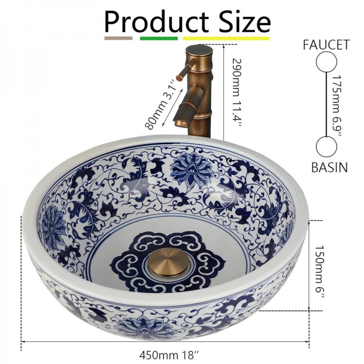 ZAPPO Jindezhen Ceramic Bathroom Vessel Sink Faucet Combo Round Washbasin Sinks for Bathroom Basin Sink Bowl with Mixer Tap