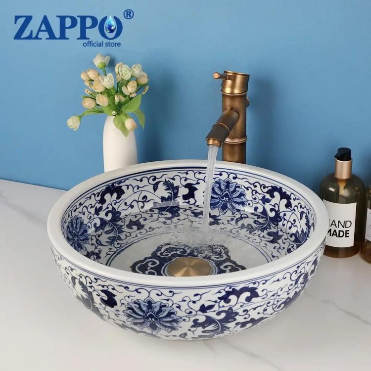 ZAPPO Jindezhen Ceramic Bathroom Vessel Sink Faucet Combo Round Washbasin Sinks for Bathroom Basin Sink Bowl with Mixer Tap