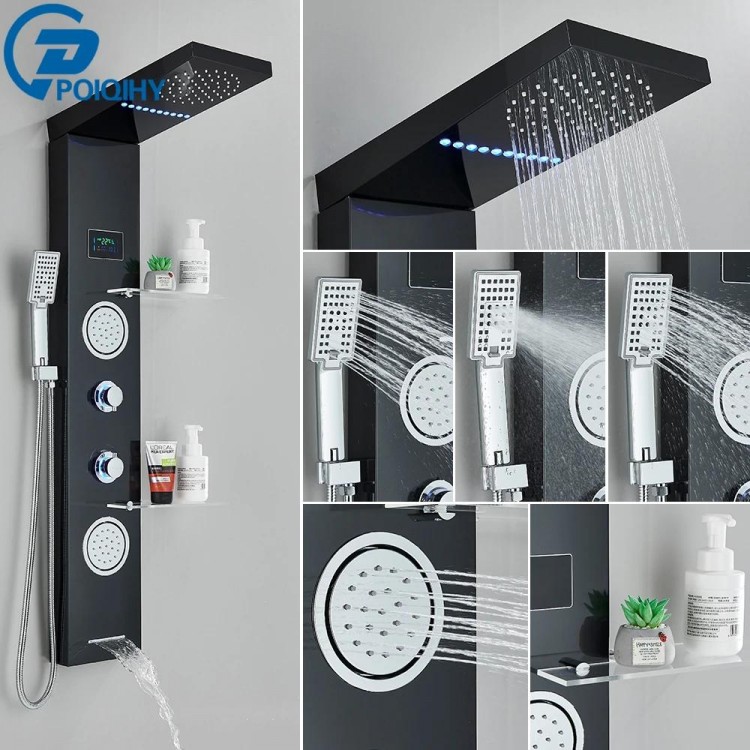 Brushed Bathroom Shower Panel Black Golden Rain Waterfall Shower Column Wall Hang SPA Massage Jet LED Bath Shower Set